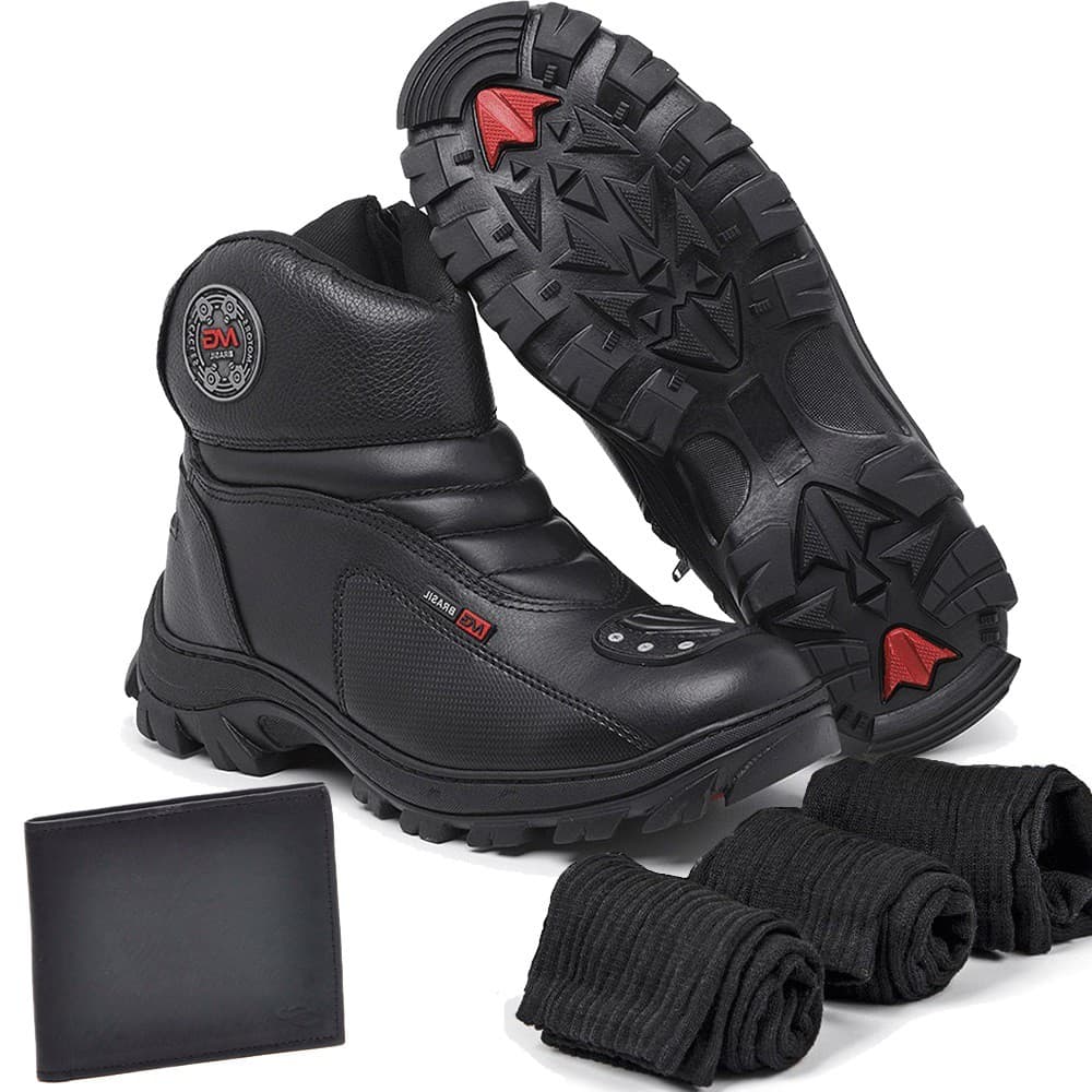 Bota Couro Motociclista Adventure Shadow Preta com Carteira e 3 meias