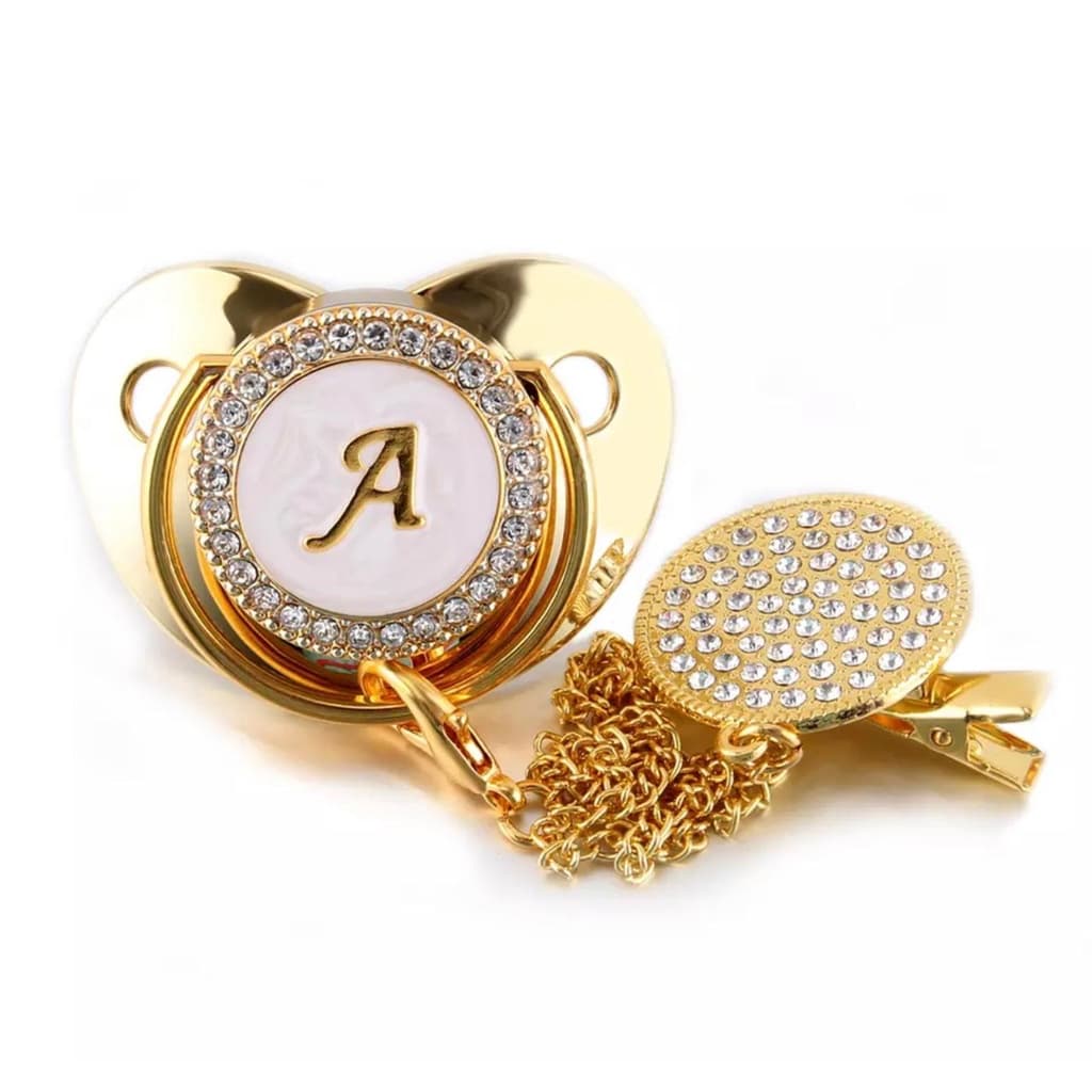 Chupeta Luxo Dourada Com Inicial Personalizada + Prendedor de Chupeta