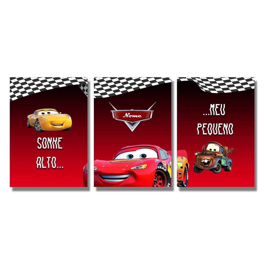 Quadros Decorativos Mosaico 3 Peças Trio Frase Sonhe Alto Meu Menino Carros Infantil Nome Desenho
