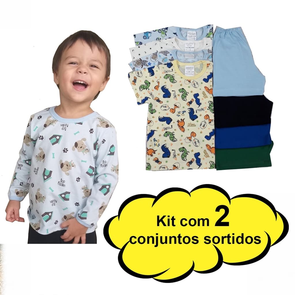 2 Conjuntos (Camisa Manga Longa + Calça) Criança Pijaminha