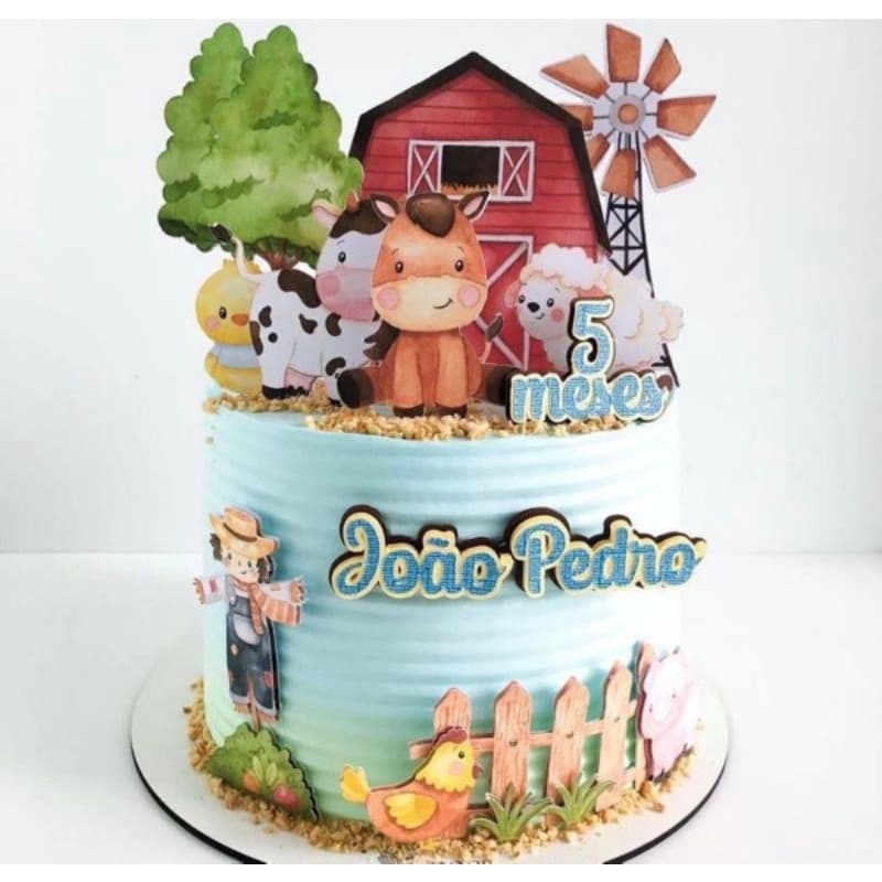 Topo Topper de Bolo 3D Fazendinha Aquarelada - Topo em Camadas