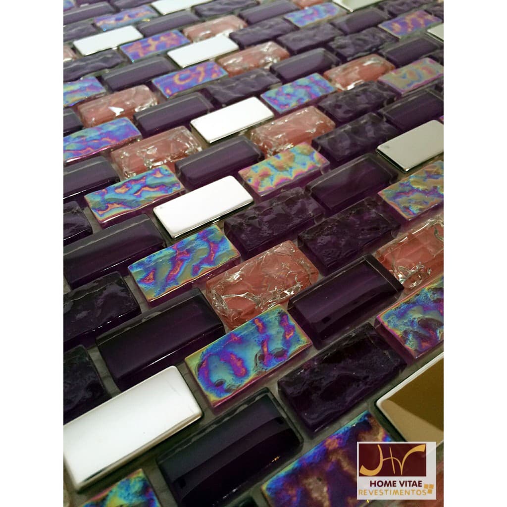 Pastilha De Vidro Roxo Lilás Horizontal Craquelado e Aço Inox