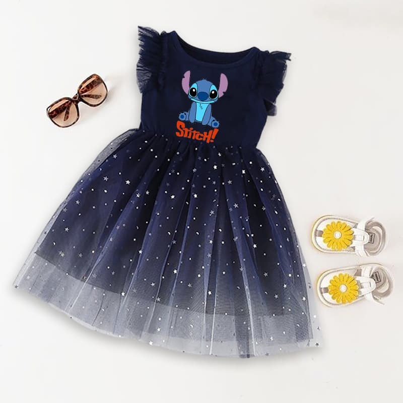 Stitch Princess Dress Flying Sleeves Star Net Gauze Fashion E Elegant Girls Dream Nova Saia Coreana Para Crianças