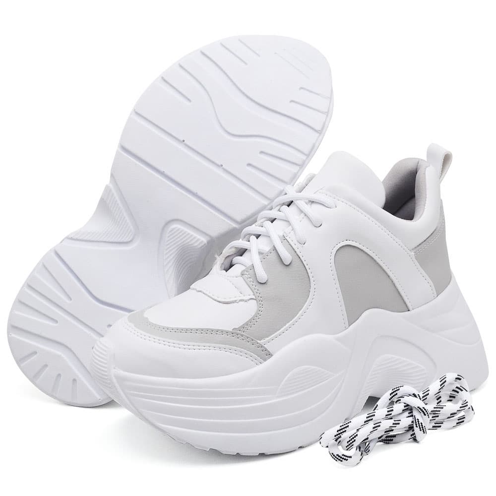 Tênis Feminino Branco/Cinza Sola Alta Caixa Moda Urbana/Casual Blogueira Estilosa Cadarço Brinde