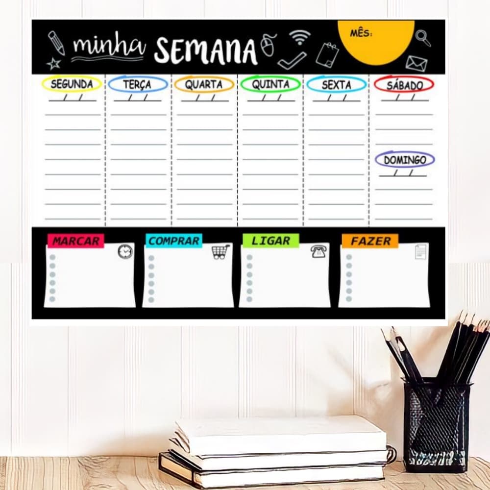 Quadro De Planejamento Semanal Planner Em metal + Caneta Imã com apagador + Suporte Com Adesivo