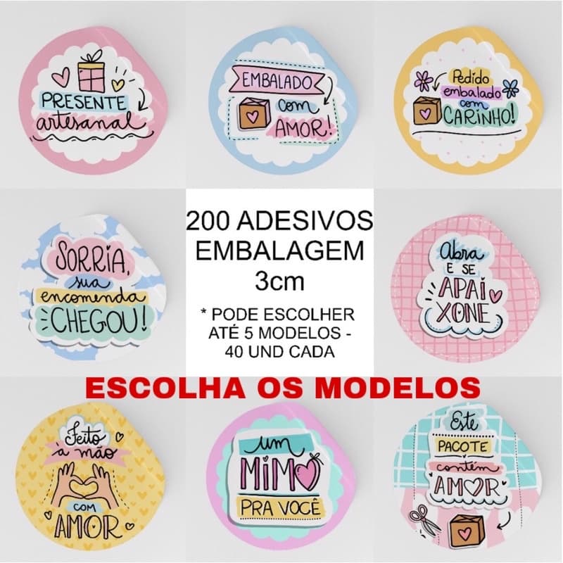 200 Adesivos 3x3cm embalagens lojas / artesanato