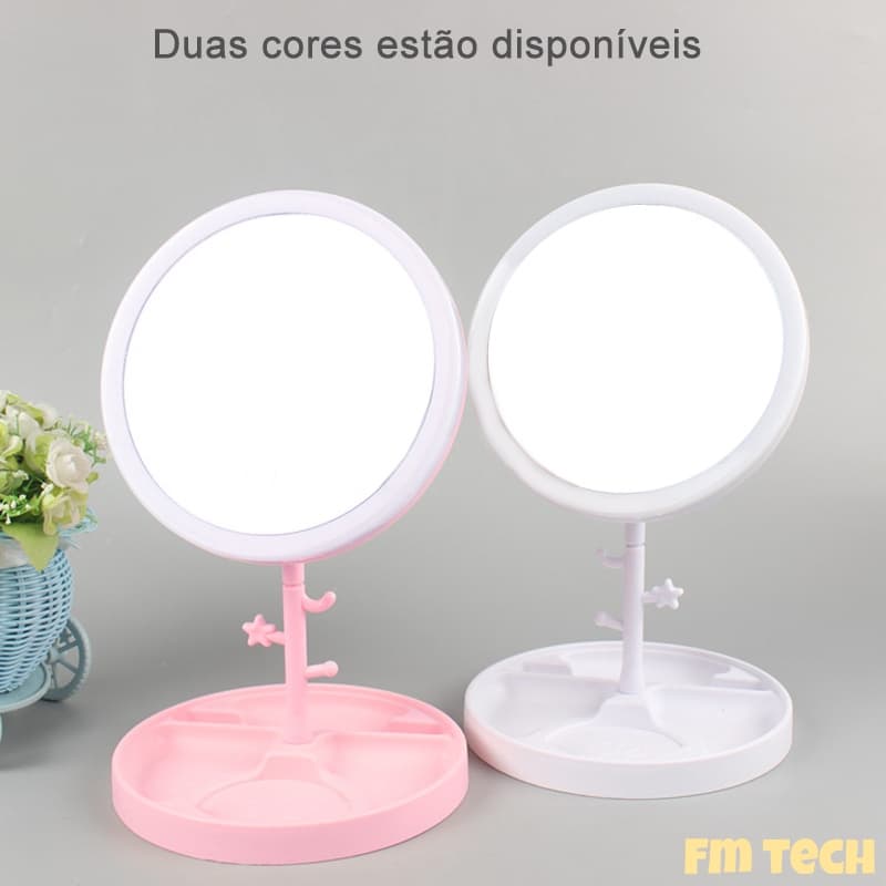 Espelho led com porta de maquiagem Espelho redondo de luz de 3 cores para maquiagem
