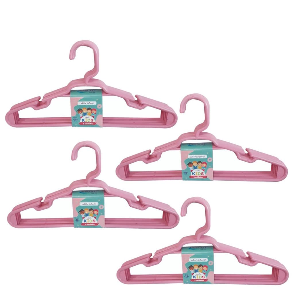 Kit 20 Cabides Infantil Rosa Plástico Reforçado 28x14cm