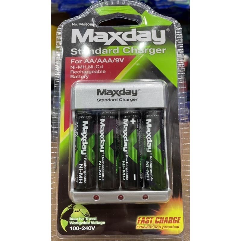Kit Carregador + 4 Pilhas Aa 4800mah Maxday Recarregável