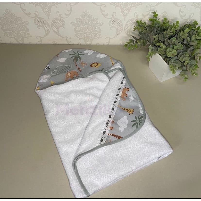 Toalha De Banho Bebe Dupla Face Com Capuz Forrada com fralda SAFARI CINZA