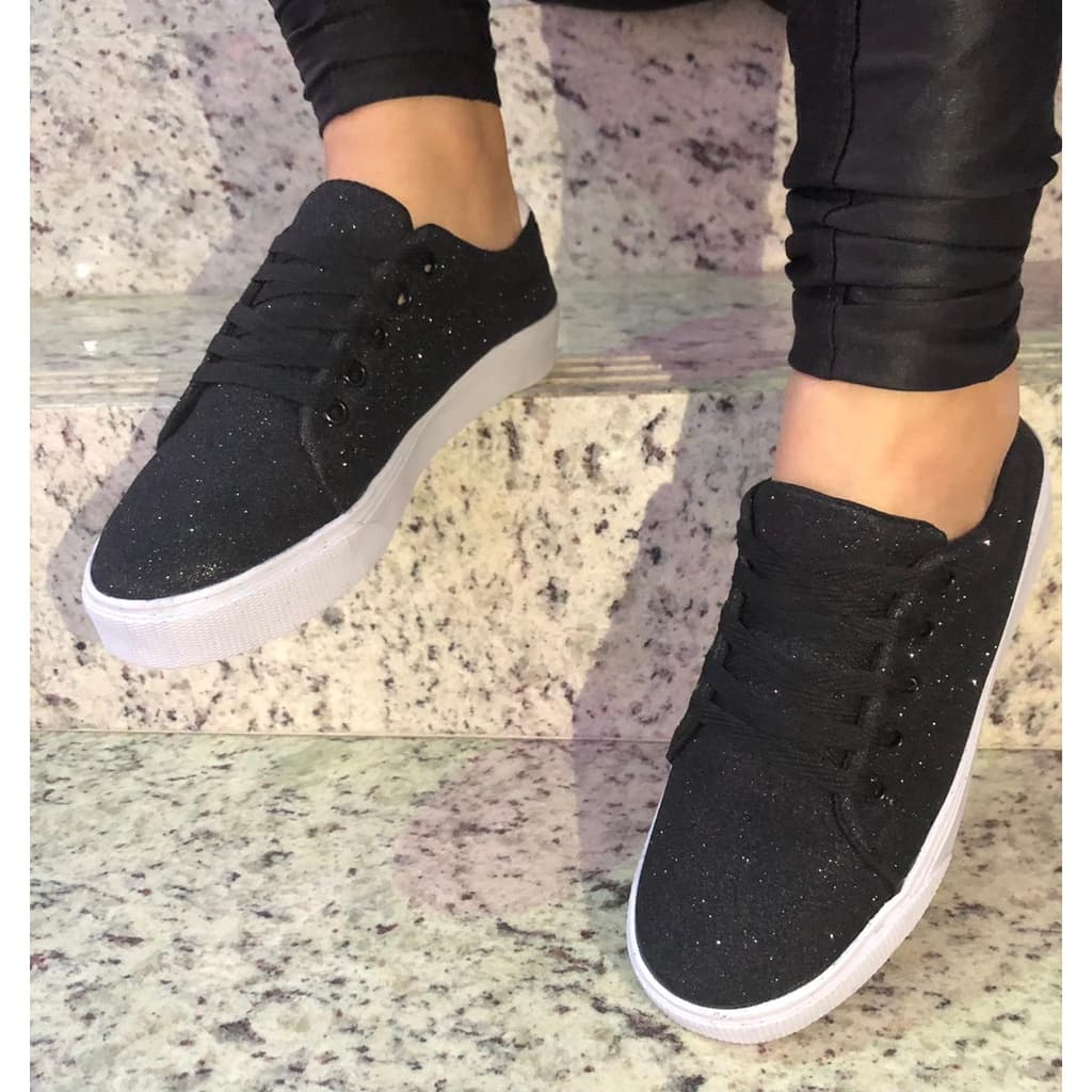 Sapatilha / Sapatênis feminino moda casual preço promocional preto cadarço