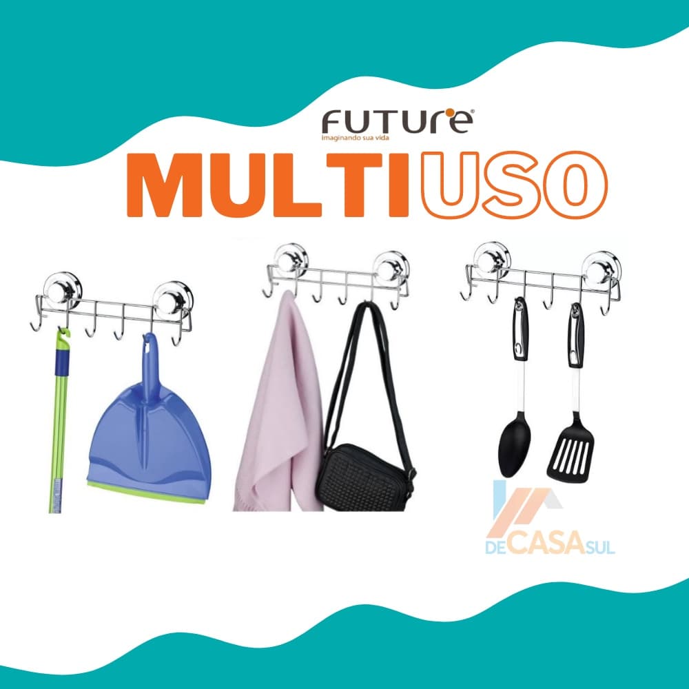 Suporte 6 Ganchos Multiuso Com Ventosa Sem Furos Suporte Toalhas, Talheres, Utensílios e outros Future Cromado