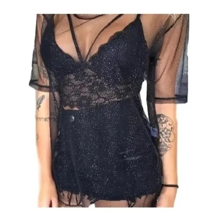 Conjunto Blusa Tule Brilho E Cropped Strappy Tiras