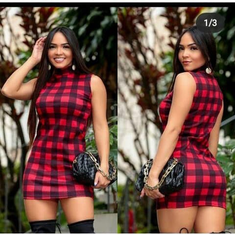 Vestido feminino xadrez tecido canelado manga cavada ocasião