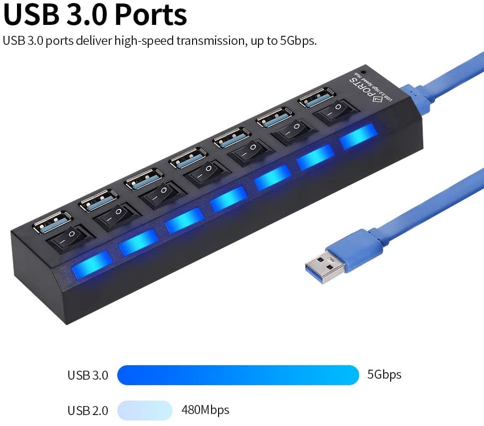 HUB USB, 7 portas USB 3.0 HUB USB Splitter 7 portas expansor com switch para PC 3.0