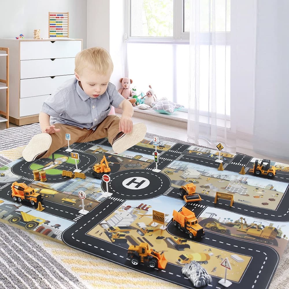 Tapete de Atividades para Bebês - Tapete de Cidade com Estradas, Edifícios, Estacionamento, Cena de Jogo, Trânsito e