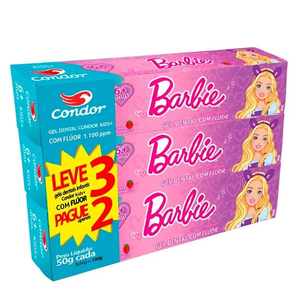 Pasta de dentes Condor Kids + Barbie Morango em gel pacote x 3 unidades (150 g).