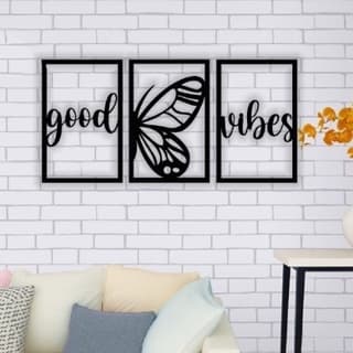Trio Quadros Decorativos Good Vibes Borboleta  25cm x 30cm- MDF - Preto Fosco