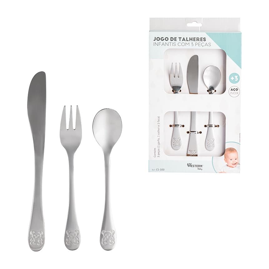 Kit Conjunto Talheres Infantil 3 peças - Colher Faca e Garfo - Inox
