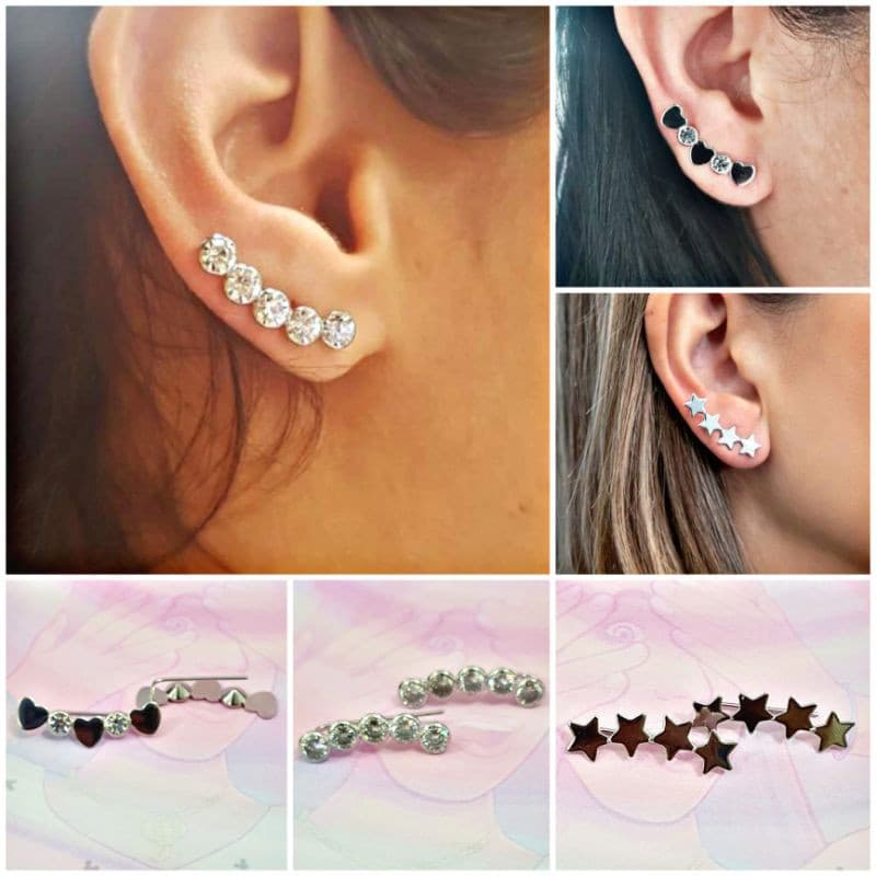 Par Brinco ear cuff furo falso aço inox 5 strass brilho estrela coração strass Cirúrgico earcuff