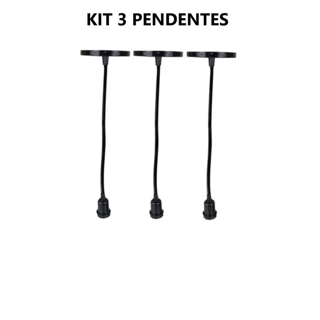 kit 3 pendentes Retrô pretos para Decoração fio 2 metros