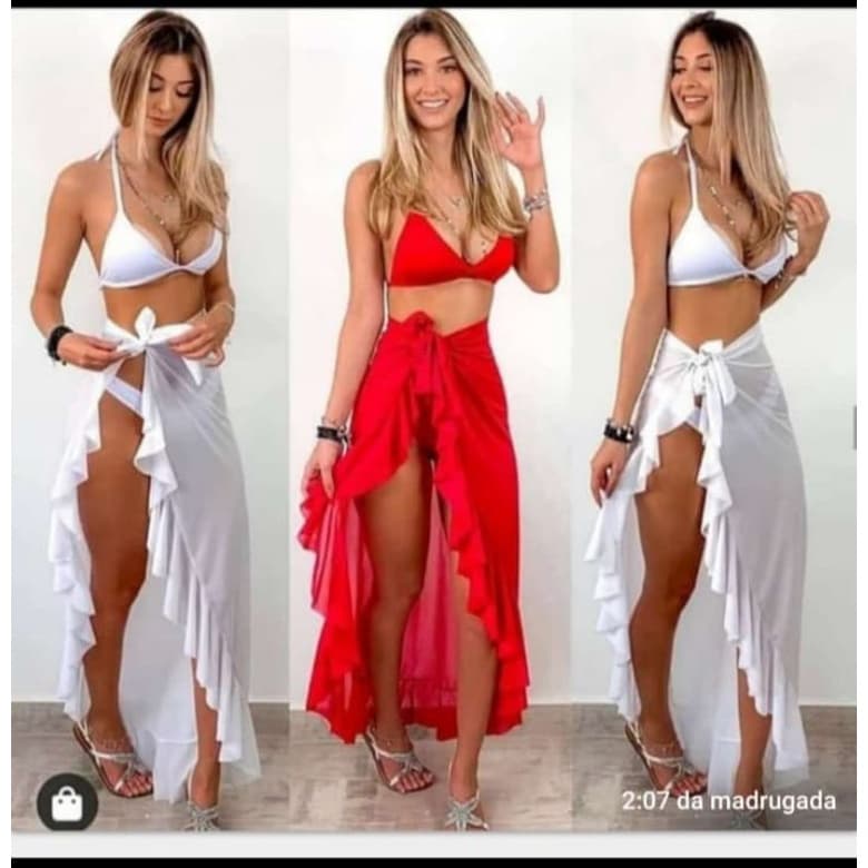saida de praia amarrar saia longa babado verão moda praia