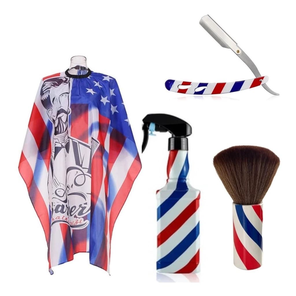 Capa De Corte + Borrifador + Espanador De Cabelo Barbearia + navalhete pole.