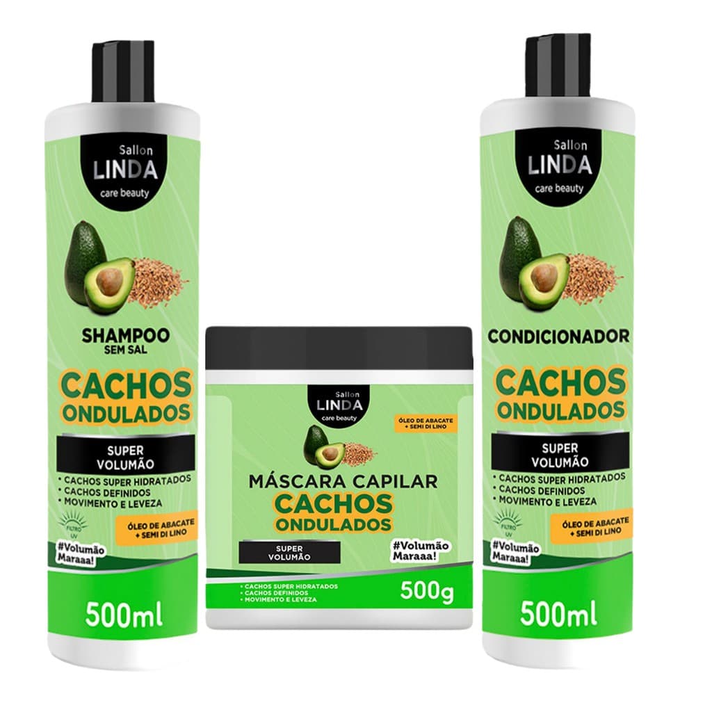 Kit Capilar Cachos Ondulados Shampoo Condicionador e Mascara