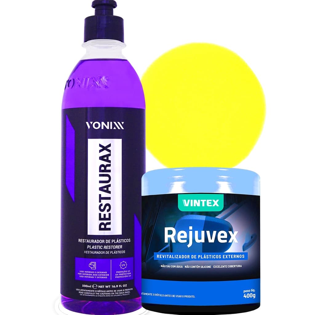 Restaurador de Plásticos Restaurax Vonixx + Revitalizador de Plásticos Rejuvex Vonixx + Aplicador Detailer