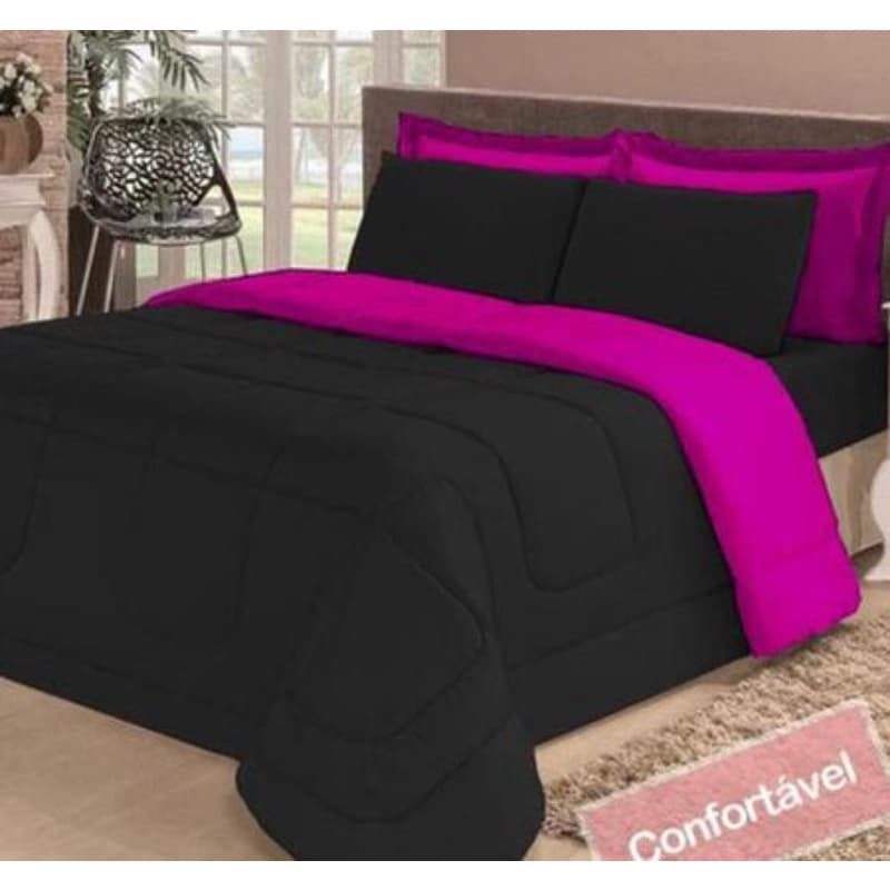 Kit Edredom dupla face Casal Queem 6 Peças Preto/Pink