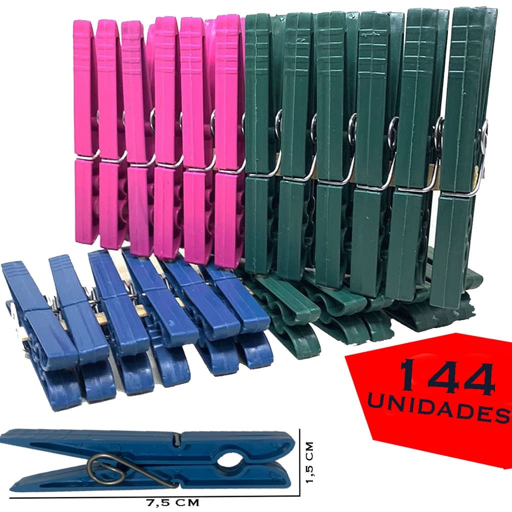 Prendedor De Roupa Plástico Varal Kit 144 Unidades Diversas Cores