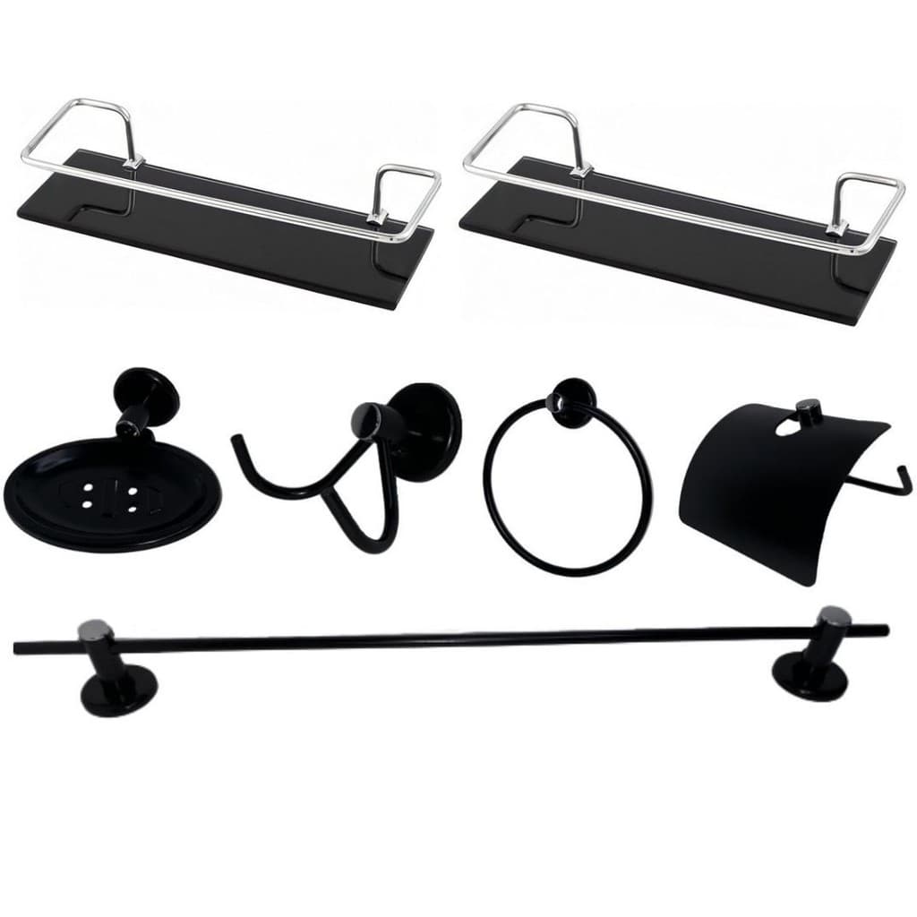 Kit Para Banheiro 05 Peças Aço Inox preto fosco + 2 Porta Shampoo Prateleira com Grade e Vidro(6mm) Reto fumê
