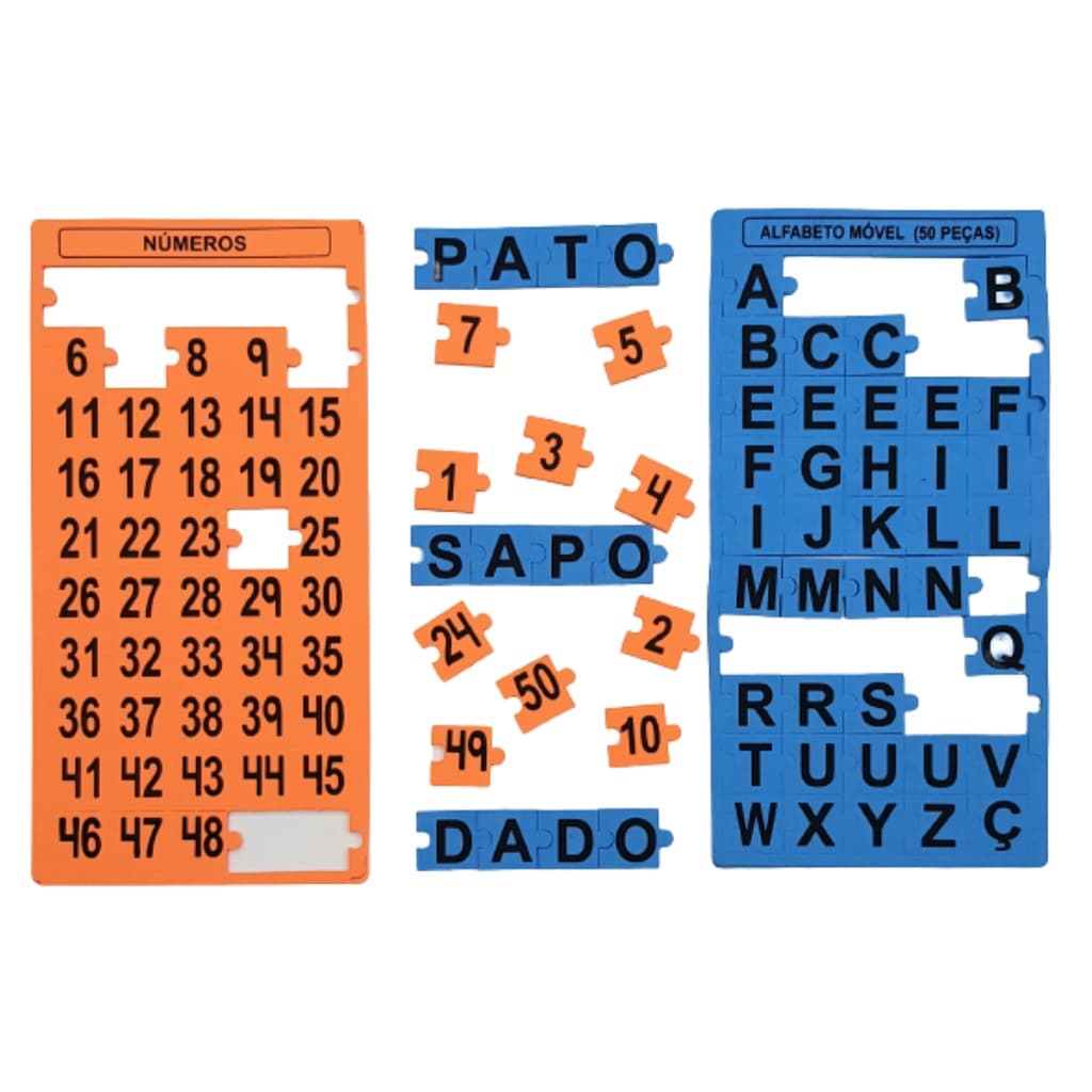 Kit 12 peças - Números 1 a 50  e  Alfabeto Móvel em forma de quebra cabeça em E.V.A