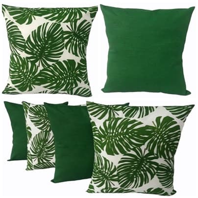 KIT 6 CAPAS ALMOFADAS 45 X 45 CM 3 ESTAMPADAS COSTELA DE ADÃO VERDE E 3 LISAS VERDE COM ZÍPER
