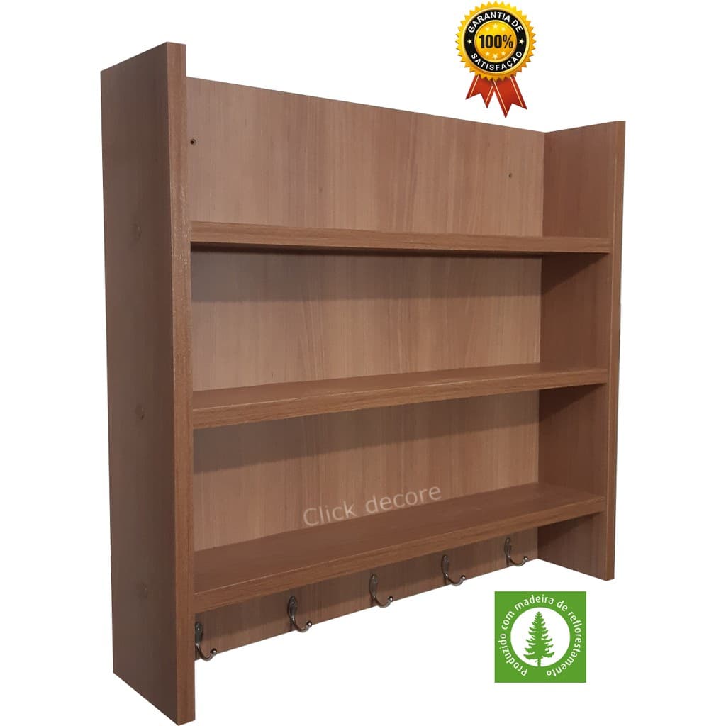 Nicho Prateleira Porta Temperos Cozinha MDF com 3 Prateleiras e 5 Ganchos Decoração e Organização