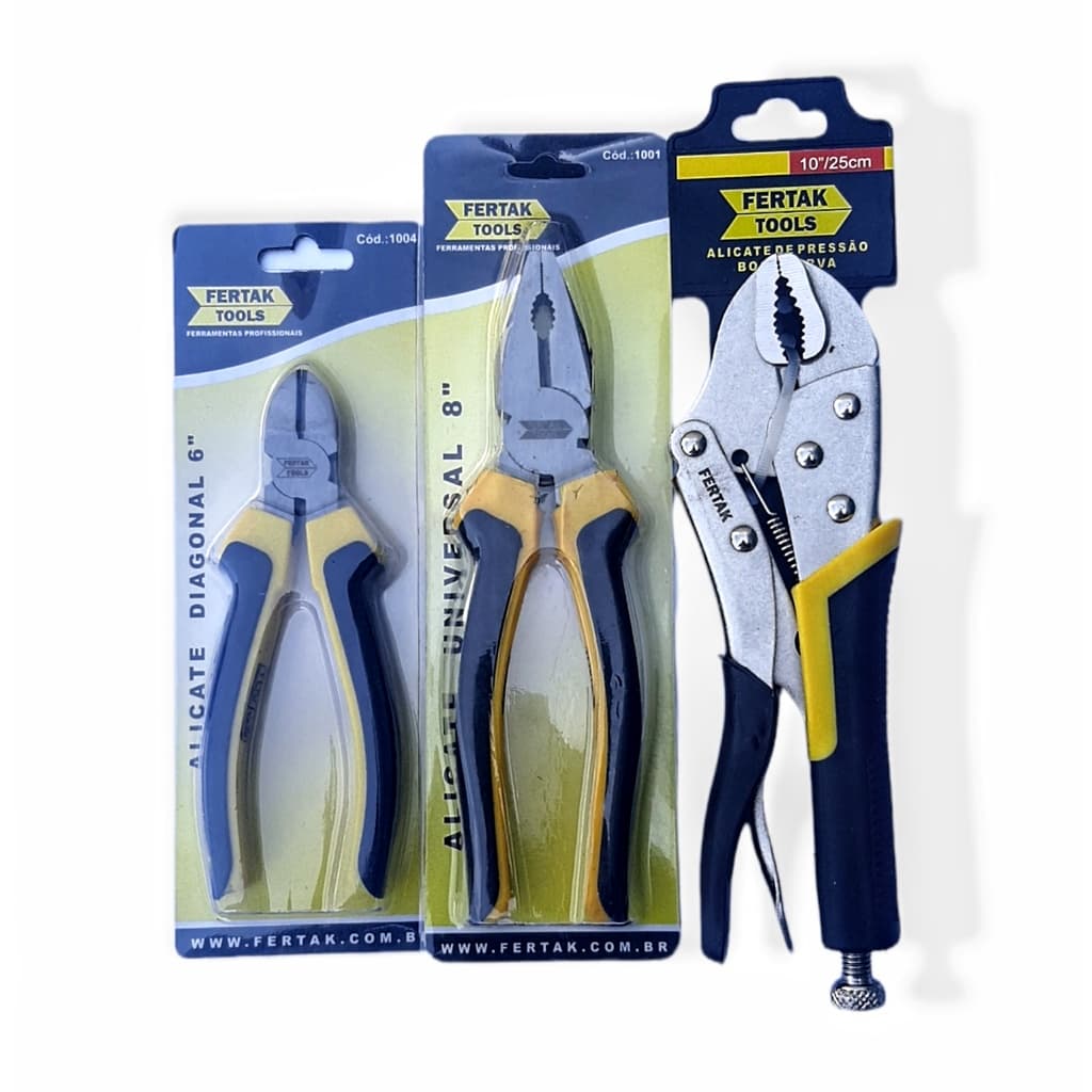 Kit Jogo Alicates Utilidades Universal Corte Pressão 3 unidades fertak uso geral mecânico corta fio eletricista