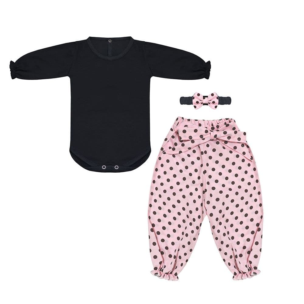 Conjunto Bebê Menina com Calça Mijão Micaela Preto com Rosa 2 Peças + Tiara 100% Algodão