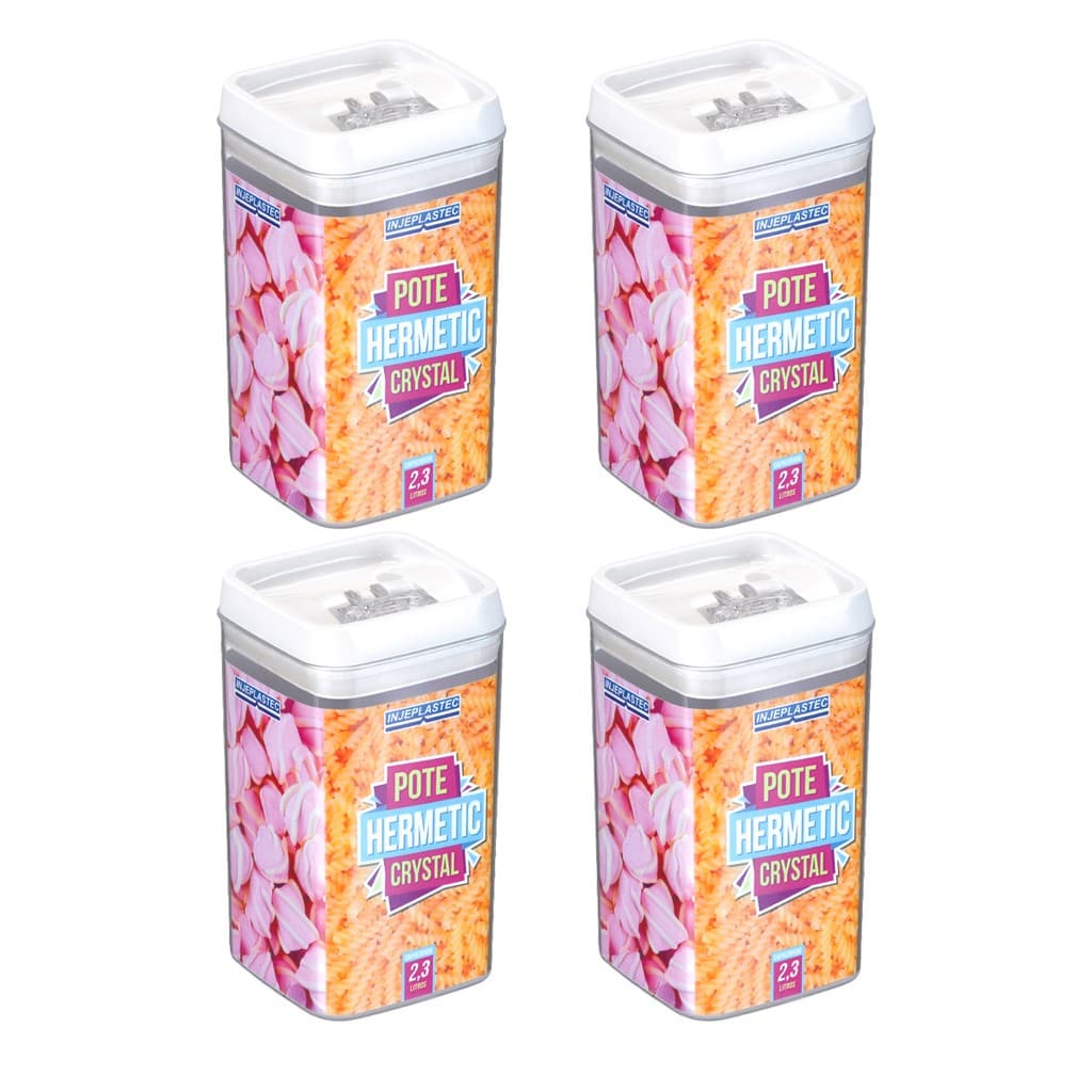 Kit 4 Potes Herméticos Acrílico Quadrado Empilháveis Trava 2,3 Litros