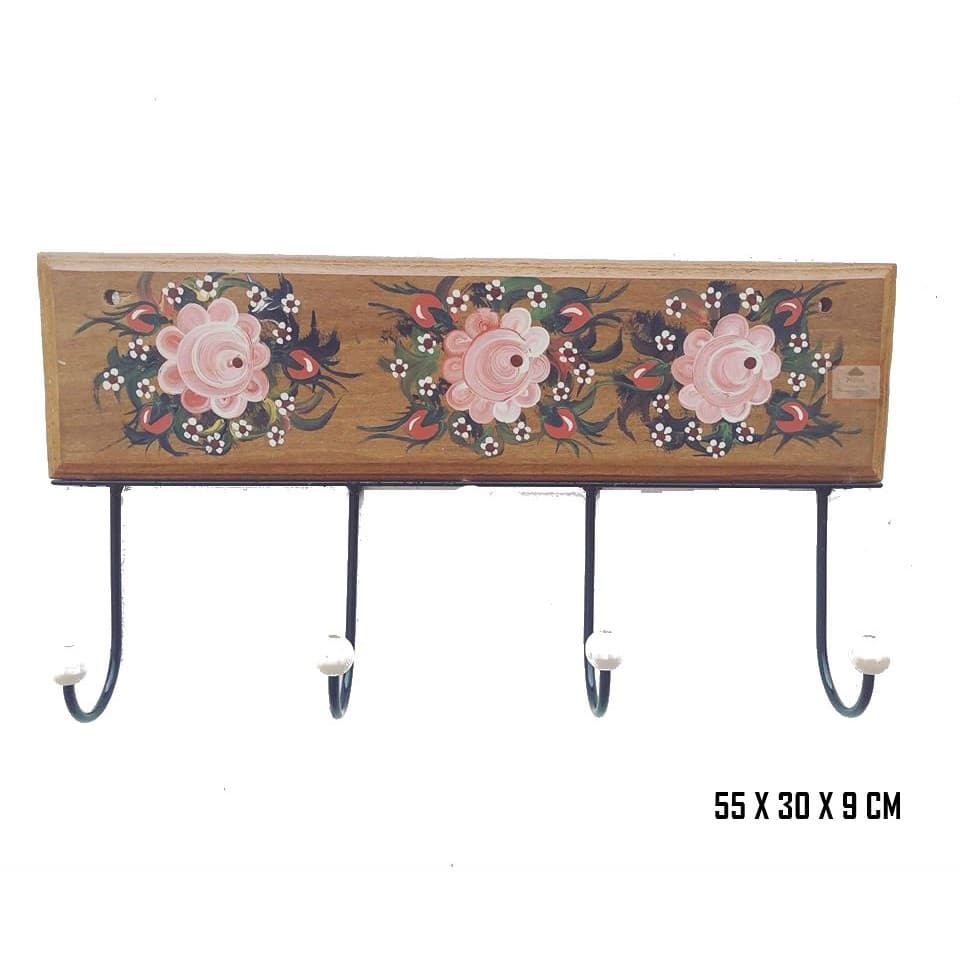 cabideiro cabide pintura flores ferro e madeira artesanal 4 ganchos