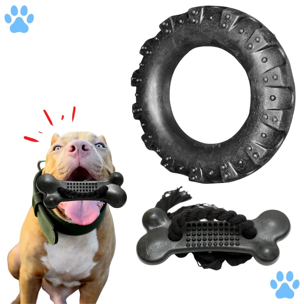 Kit Brinquedo Mordedor para Cachorro Pneu G + Osso Ossinho Massageador Grande Black com Corda