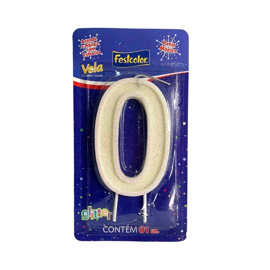 Vela Grande 15cm De Aniversário Número 0 Glitter Branco Festcolor - 1 Unidade