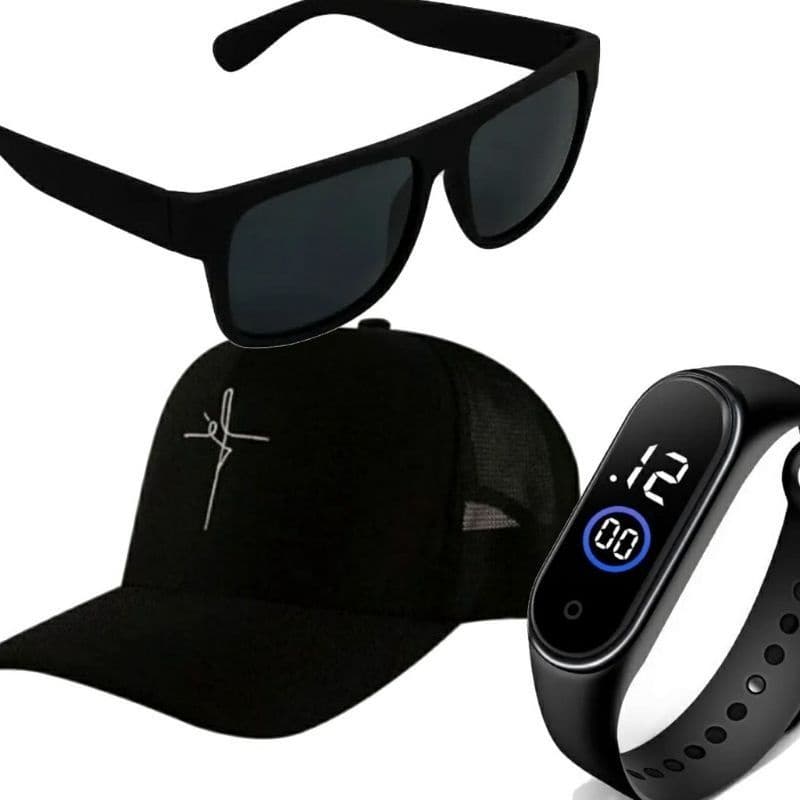 Kit Masculino Relogio Esportivo Prova dagua + Boné + Óculos Grife Preto Ou Marrom