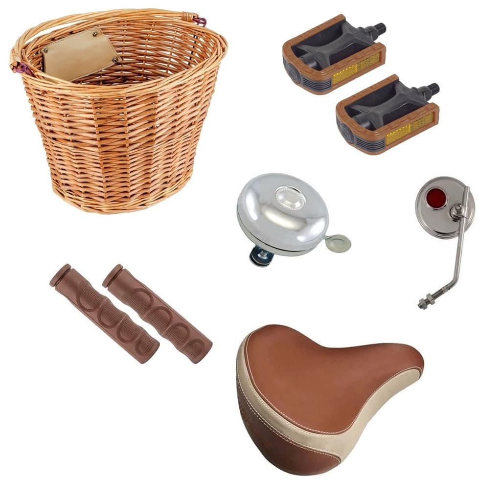 Kit Bicicleta Retrô Food Bike Marrom Cesta Vime Vintage 6 Itens.