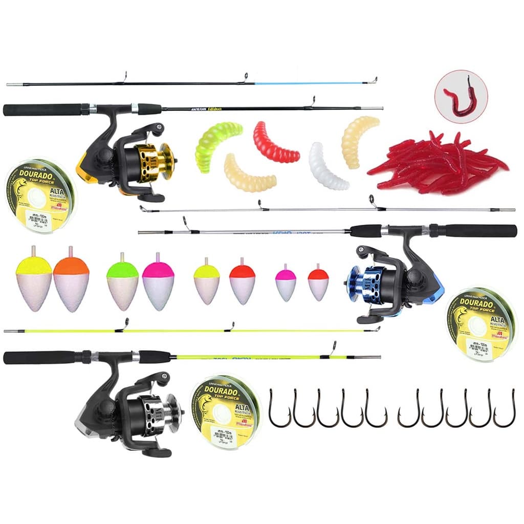 Kit Pesca c/ 3 Varas Para Molinete 1,50m + 3 Molinetes + Iscas (Ref. 99)