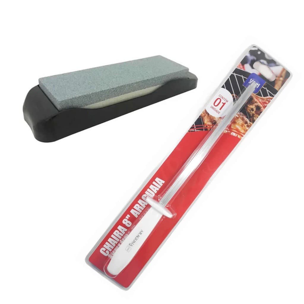 Kit Pedra de Amolar facas c/ base e chaira churrasco cozinha
