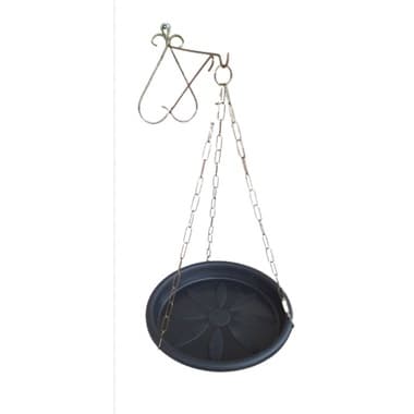 Prato para vasos ou xaxim plantas suspensas, preto 25cm com corrente  44cm e suporte p/ fixar