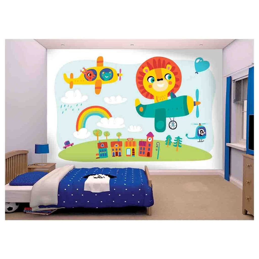 papel de parede Infantil aviões animais leão 7,5m² AZS177