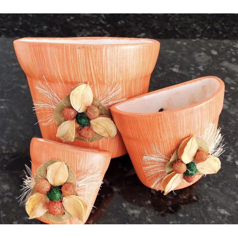 🛖 3 pcs vasos pintados à mão / trio de vasinhos decorados com semente / conjunto kit de vaso para parede jardim decoração decorativa planta suculenta flores cacto sementes cachepot artesanal cachepô artesanais artesanato cozinha e área externa da casa