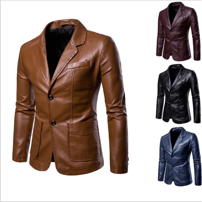 Blazer De Couro Sintético Masculino Slim Fit Único Breasted Lavável Jaqueta PU Casual Negócios Casaco À Prova De Vento