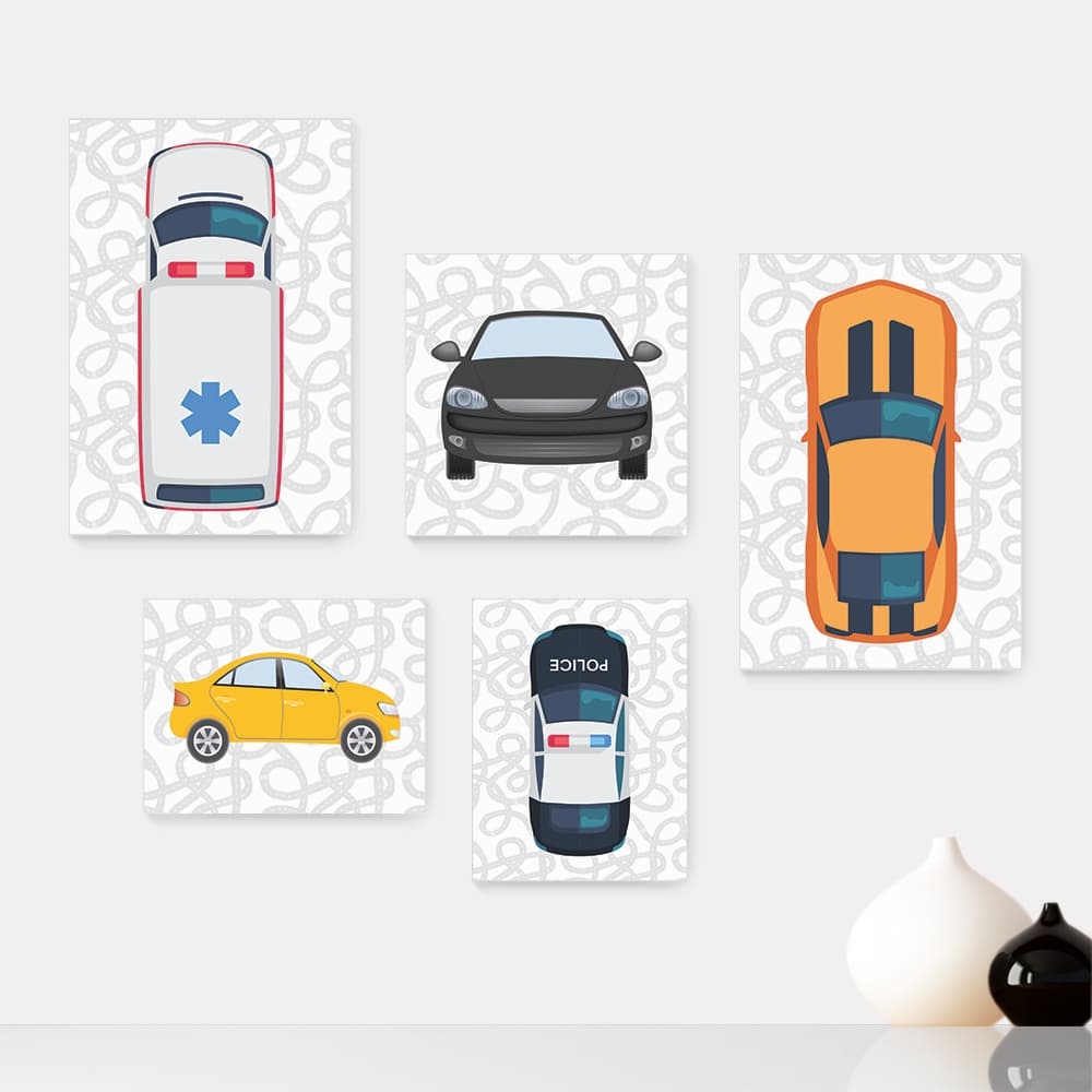 Kit 5 Quadros Decorativos Placas - Carrinhos Infantil Bebê Quarto Menino Menina - 329ktpl5